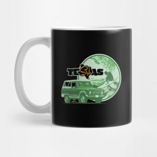 Texas-Style Surfer with Ford Bronco in greens Mug